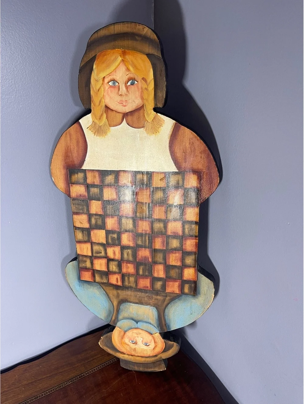 Vintage Hand-Painted Wooden Checkerboard Girl Wall Hanging